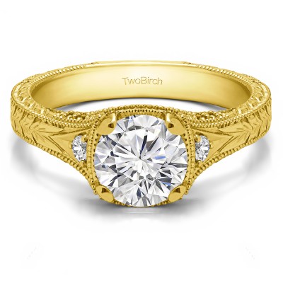 1.31 Ct. Vintage Three Stone Engagement Ring with Engraved Shank in Yellow Gold