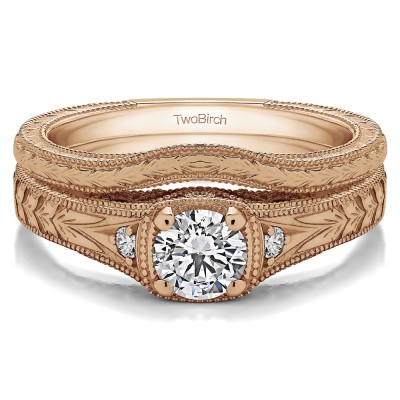 Rose Gold Three Stone Vintage Engraved Engagement Ring Bridal Set (2 Rings) (0.28 CT. TWT)