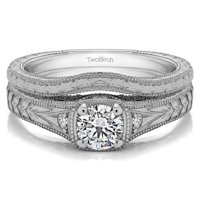 Three Stone Vintage Engraved Engagement Ring Bridal Set (2 Rings) (0.54 Ct. Twt.)