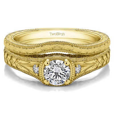 Yellow Gold Three Stone Vintage Engraved Engagement Ring Bridal Set (2 Rings) (0.28 CT. TWT)