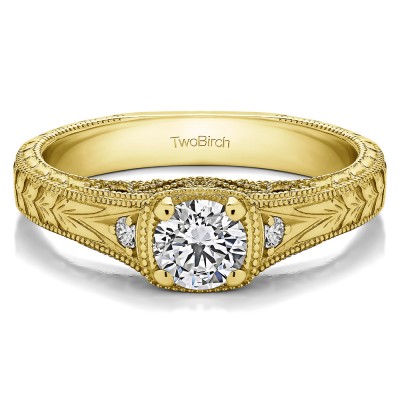 0.54 Ct. Round Three Stone Vintage Engraved Engagement Ring in Yellow Gold