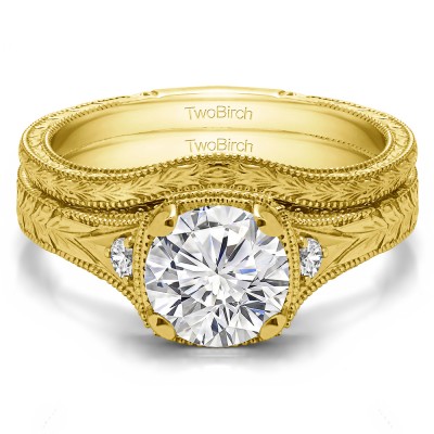 Three Stone Vintage Engraved Engagement Ring Bridal Set (2 Rings) (1.31 Ct. Twt.)