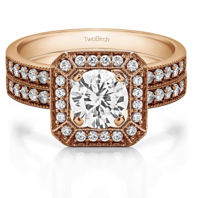 Millgrained Halo Engagement Ring Bridal Set (2 Rings) (1.48 Ct. Twt.)