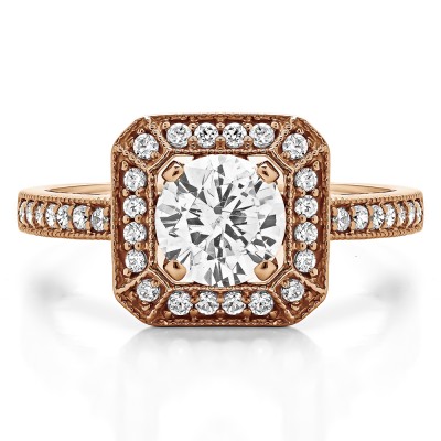 1.31 Ct. Large Square Shaped Halo Engagement Ring with Round Center in Rose Gold