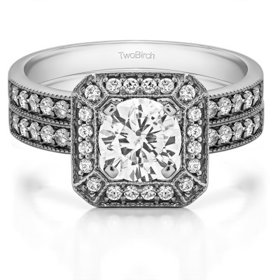 Millgrained Halo Engagement Ring Bridal Set (2 Rings) (1.48 Ct. Twt.)