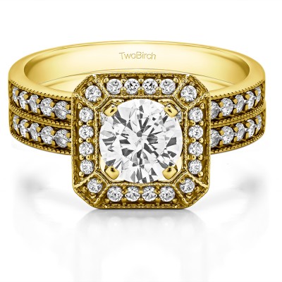 Millgrained Halo Engagement Ring Bridal Set (2 Rings) (1.48 Ct. Twt.)