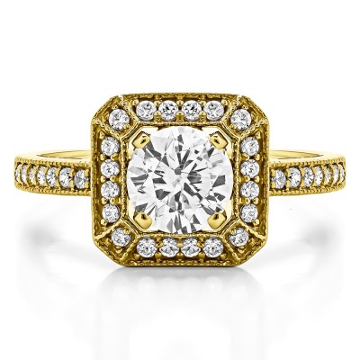 1.31 Ct. Large Square Shaped Halo Engagement Ring with Round Center in Yellow Gold