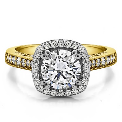 1.85 Ct. Round Vintage Halo Engagement Ring with Filigree Design in Two Tone Gold