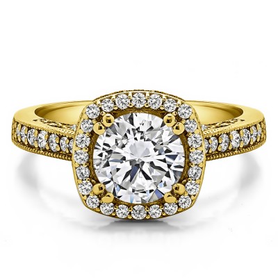 1.85 Ct. Round Vintage Halo Engagement Ring with Filigree Design in Yellow Gold