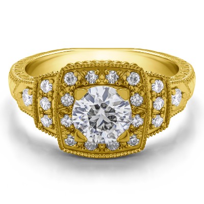 1.35 Ct. Round Millgrained Vintage Halo Engagement Ring in Yellow Gold