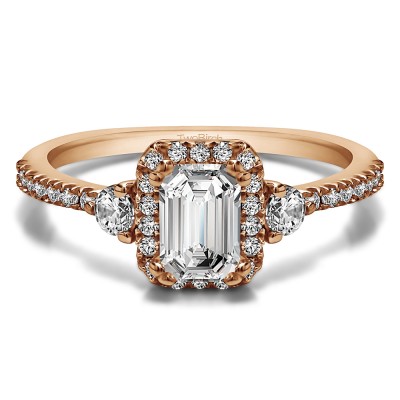 0.86 Ct. Emerald Halo Three Stone Engagement Ring in Rose Gold