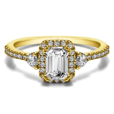 0.86 Ct. Emerald Halo Three Stone Engagement Ring in Yellow Gold