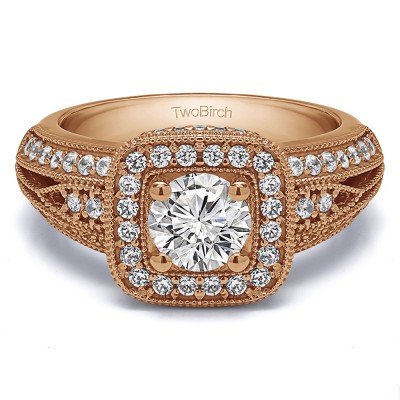 1.35 Ct. Round Vintage Halo Engagement Ring with Millgrained Edges in Rose Gold