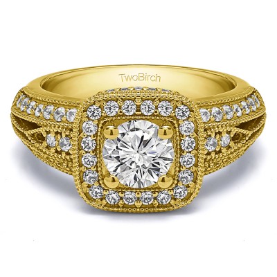 1.35 Ct. Round Vintage Halo Engagement Ring with Millgrained Edges in Yellow Gold