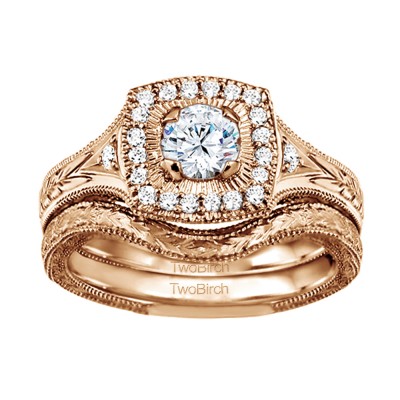 Round Engraved Vintage Halo Engagement Ring Bridal Set (2 Rings) (0.74 Ct. Twt.)