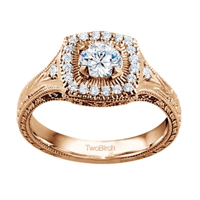 0.74 Ct. Engraved Vintage Square Shaped Halo Engagement Ring with Round Center in Rose Gold