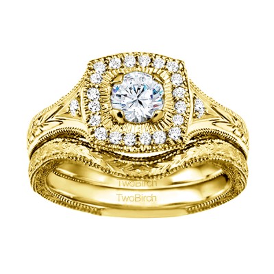 Round Engraved Vintage Halo Engagement Ring Bridal Set (2 Rings) (0.74 Ct. Twt.)