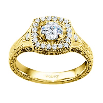 0.74 Ct. Engraved Vintage Square Shaped Halo Engagement Ring with Round Center in Yellow Gold