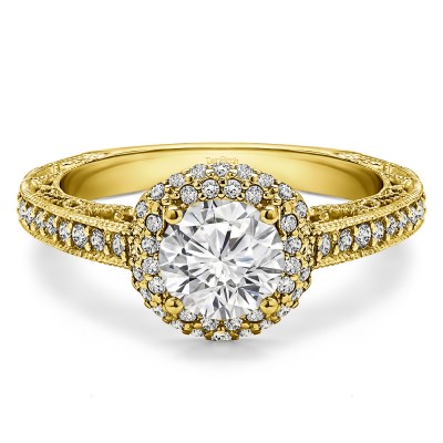 1.58 Ct. Round Filigree Vintage Halo Engagement Ring in Yellow Gold
