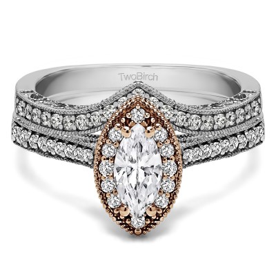 Marquise Vintage Halo Engagement Ring Bridal Set (2 Rings) (1.03 Ct. Twt.)