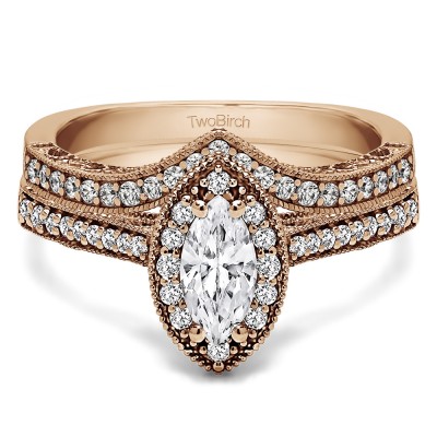 Marquise Vintage Halo Engagement Ring Bridal Set (2 Rings) (1.03 Ct. Twt.)