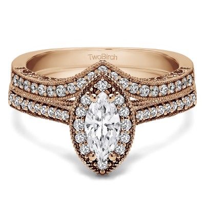 Marquise Vintage Halo Engagement Ring Bridal Set (2 Rings) (1.03 Ct. Twt.)