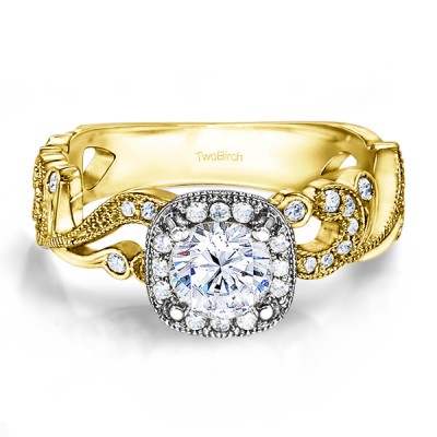 1.14 Ct. Filigree Vintage Engagement Ring with Round Halo in Two Tone Gold