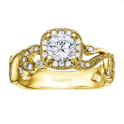 1.14 Ct. Filigree Vintage Engagement Ring with Round Halo in Yellow Gold