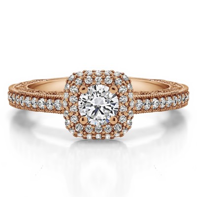 1.01 Ct. Round Vintage Double Halo Engagement Ring with Filigree in Rose Gold