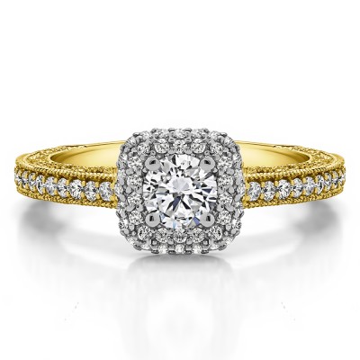 1.01 Ct. Round Vintage Double Halo Engagement Ring with Filigree in Two Tone Gold