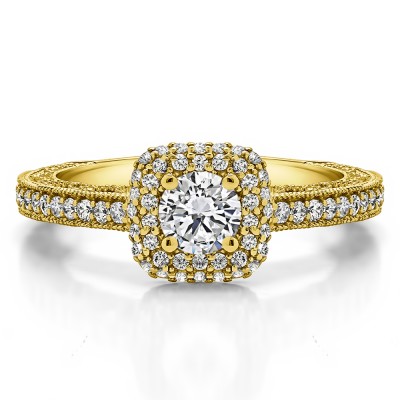 1.01 Ct. Round Vintage Double Halo Engagement Ring with Filigree in Yellow Gold