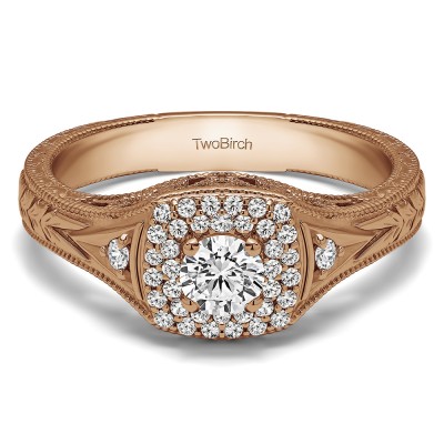 0.48 Ct. Round Three Stone Vintage Double Halo Engagement Ring in Rose Gold