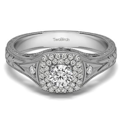 0.48 Ct. Round Three Stone Vintage Double Halo Engagement Ring