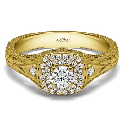 0.48 Ct. Round Three Stone Vintage Double Halo Engagement Ring in Yellow Gold