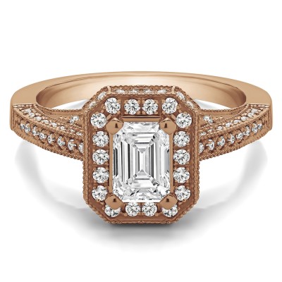 1.6 Ct. Emerald Cut Halo Filigree Vintage Engagement Ring in Rose Gold