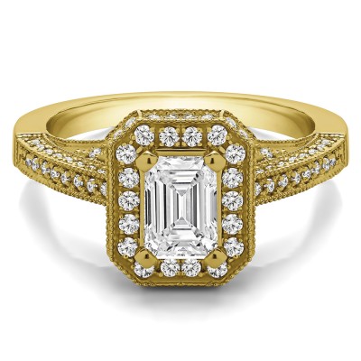 1.6 Ct. Emerald Cut Halo Filigree Vintage Engagement Ring in Yellow Gold