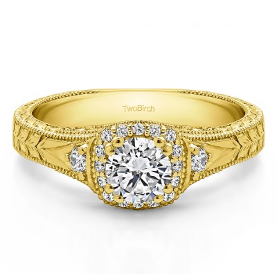 0.65 Ct. Round Three Stone Vintage Halo Engagement Ring with Engraved Shank in Yellow Gold