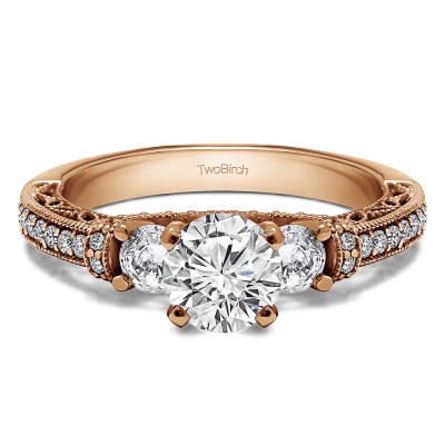 1.78 Ct. Round Three Stone Vintage Engagement Ring with Filigree in Rose Gold