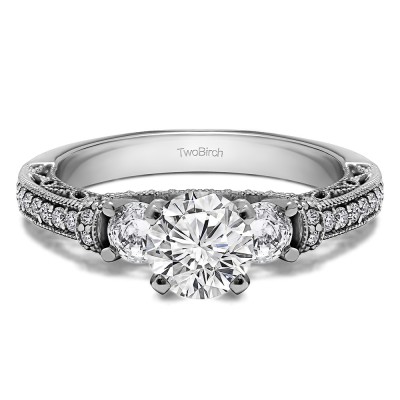 1.78 Ct. Round Three Stone Vintage Engagement Ring with Filigree