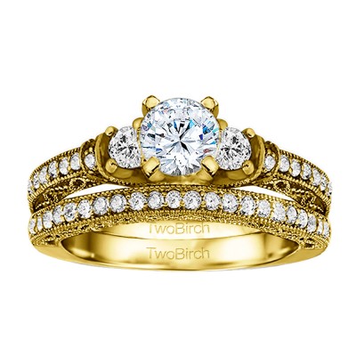 Three Stone Vintage Embellished Profile Engagement Ring Bridal Set (2 Rings) (2.09 Ct. Twt.)