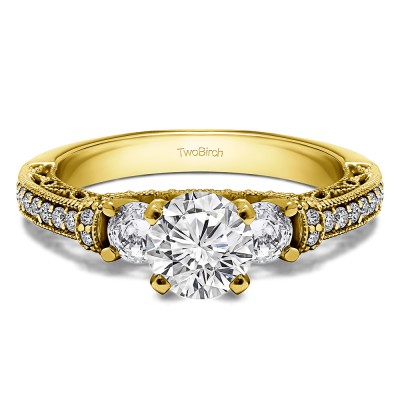 1.78 Ct. Round Three Stone Vintage Engagement Ring with Filigree in Yellow Gold