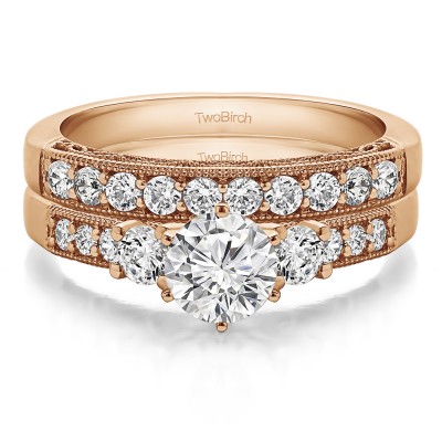 Three Stone Vintage Filigree and Millgrain Engagement Ring Bridal Set (2 Rings) (1.94 Ct. Twt.)