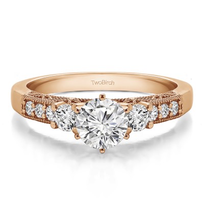 1.24 Ct. Round Three Stone Vintage Engagement Ring with Filigree in Rose Gold