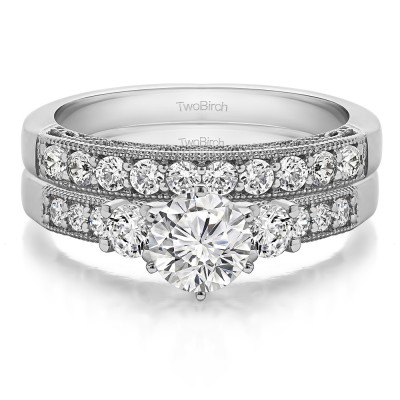 Three Stone Vintage Filigree and Millgrain Engagement Ring Bridal Set (2 Rings) (1.94 Ct. Twt.)