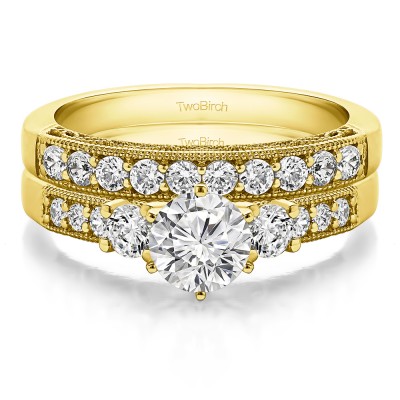 Three Stone Vintage Filigree and Millgrain Engagement Ring Bridal Set (2 Rings) (1.94 Ct. Twt.)