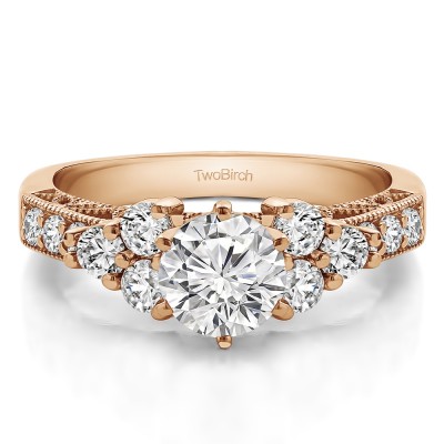 1.71 Ct. Round Three Stone Cluster Engagement Ring with Filigree in Rose Gold