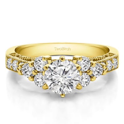 1.71 Ct. Round Three Stone Cluster Engagement Ring with Filigree in Yellow Gold