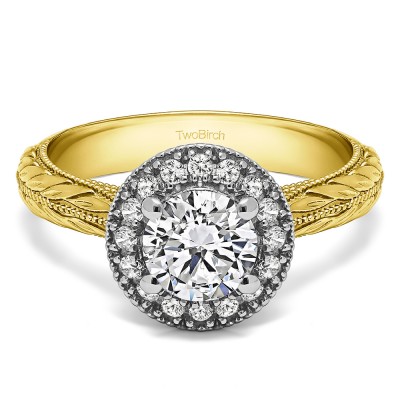 1.16 Ct. Round Halo Vintage Knife Edged Shank Engagement Ring in Two Tone Gold