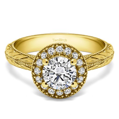 1.16 Ct. Round Halo Vintage Knife Edged Shank Engagement Ring in Yellow Gold