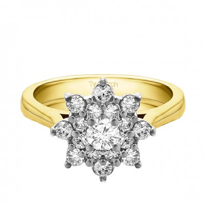 0.81 Ct. Round Flower Center Cathedral Engagement Ring in Two Tone Gold